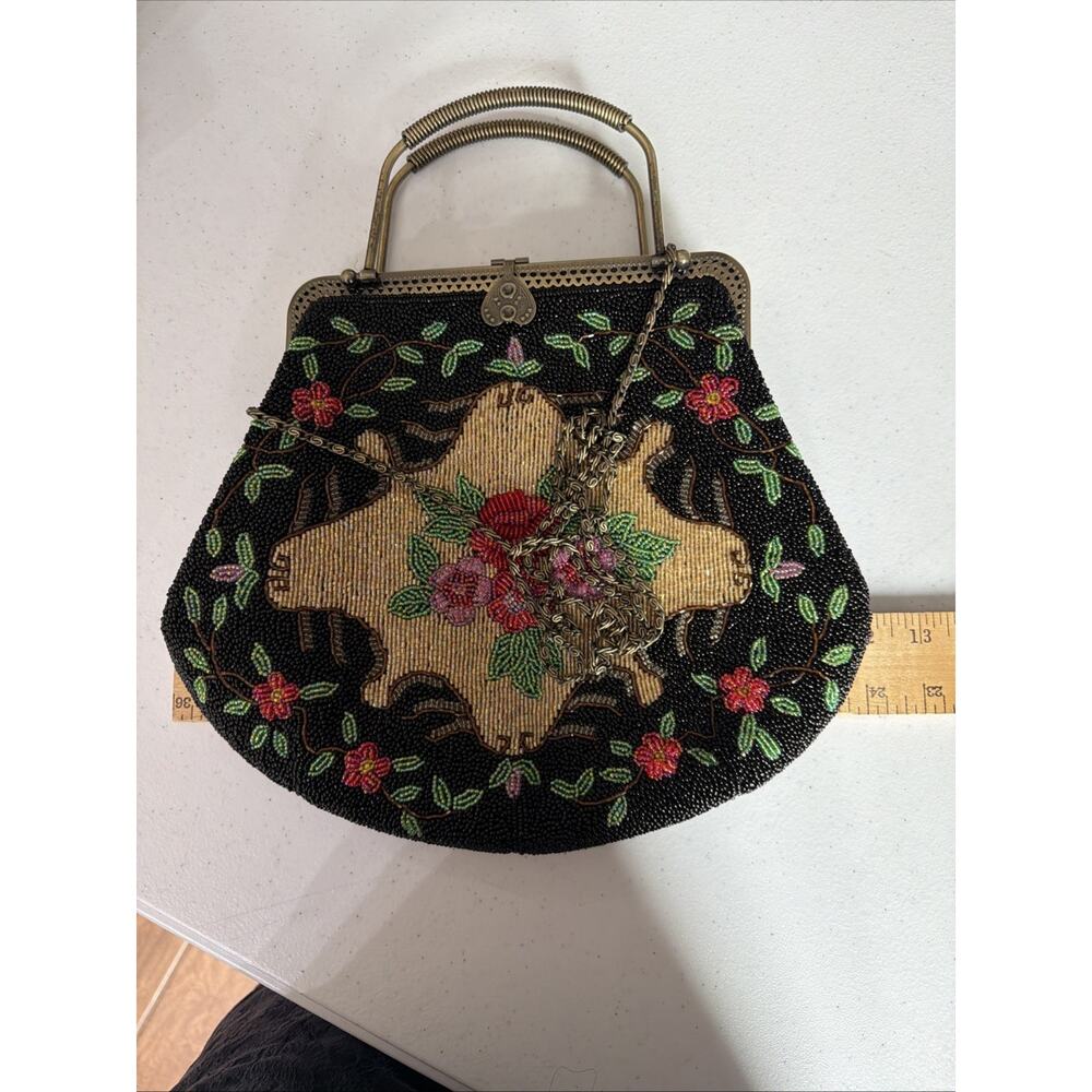 Vintage Hand Beaded Purse Black Colorful Roses Bag 1950 1960 flapper party - Picture 15 of 16